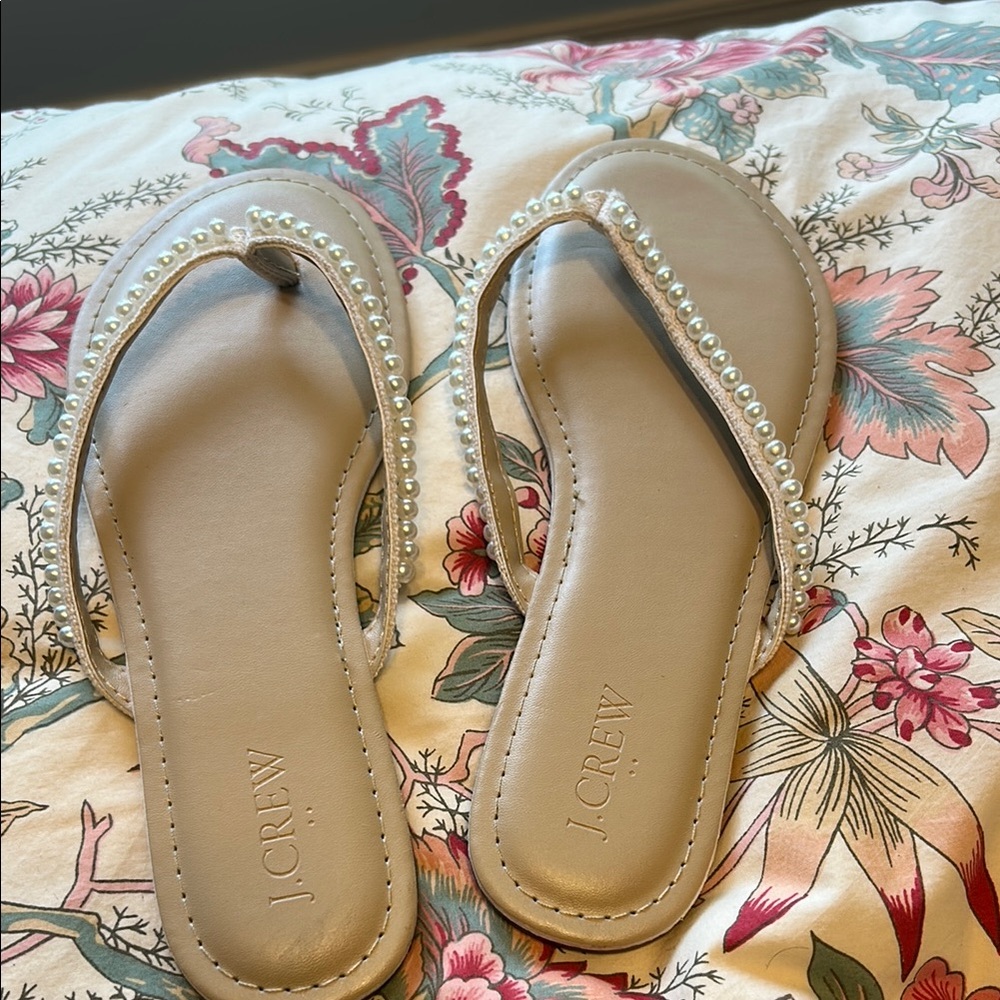J. Crew Tan Pearl-Embellished Sandals